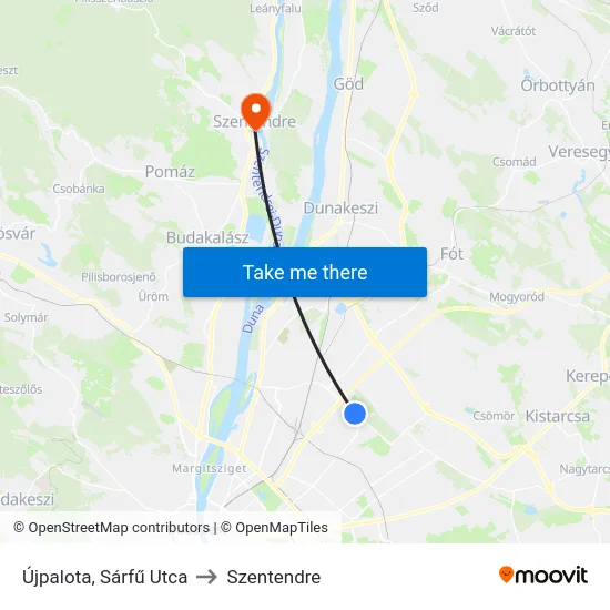 Újpalota, Sárfű Utca to Szentendre map