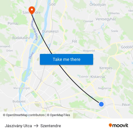 Jászivány Utca to Szentendre map