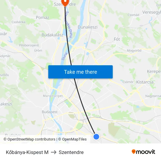 Kőbánya-Kispest M to Szentendre map