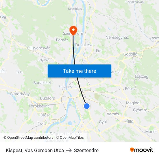 Kispest, Vas Gereben Utca to Szentendre map