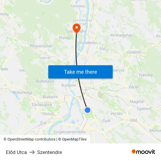 Előd Utca to Szentendre map