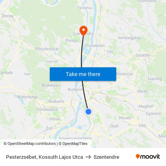 Pesterzsébet, Kossuth Lajos Utca to Szentendre map