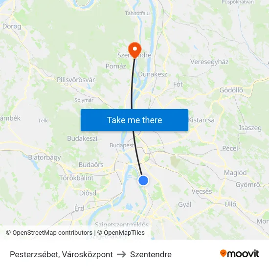 Pesterzsébet, Városközpont to Szentendre map