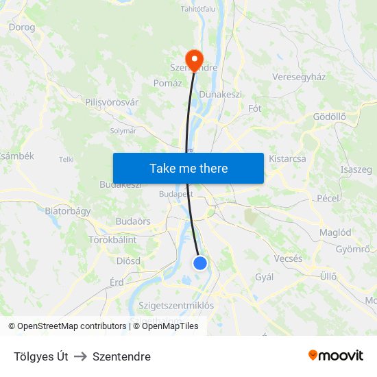 Tölgyes Út to Szentendre map