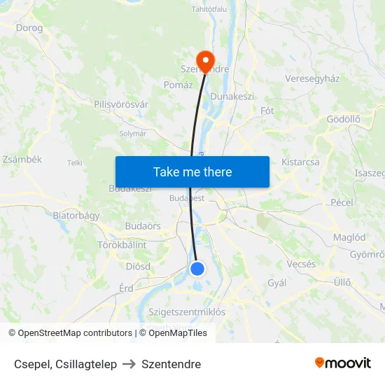 Csepel, Csillagtelep to Szentendre map