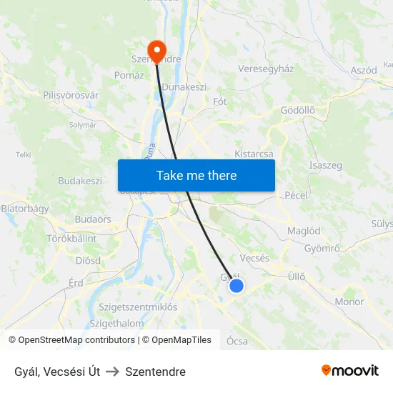 Gyál, Vecsési Út to Szentendre map