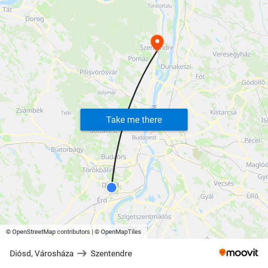 Diósd, Városháza to Szentendre map