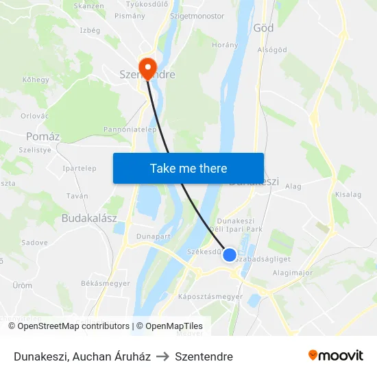 Dunakeszi, Auchan Áruház to Szentendre map