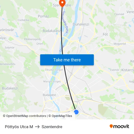 Pöttyös Utca M to Szentendre map