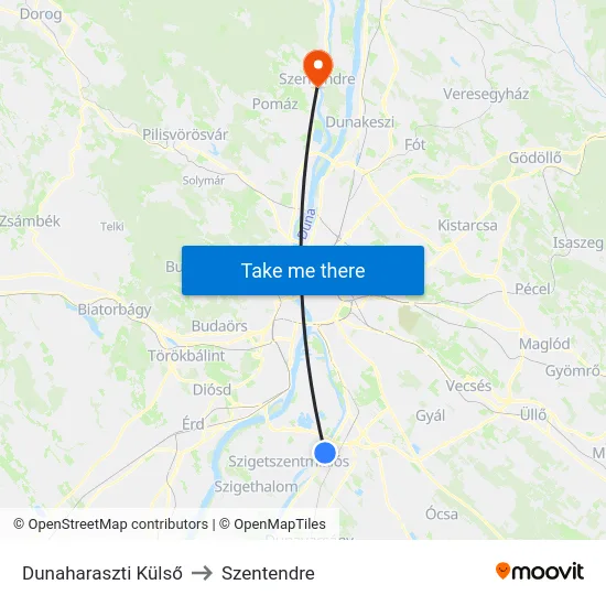 Dunaharaszti Külső to Szentendre map