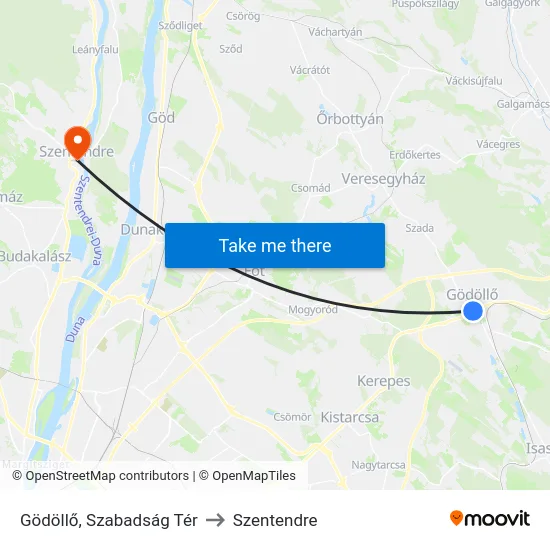 Gödöllő, Szabadság Tér to Szentendre map