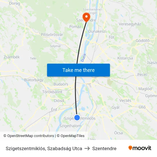 Szigetszentmiklós, Szabadság Utca to Szentendre map