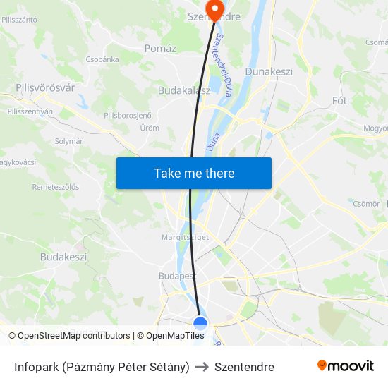 Infopark (Pázmány Péter Sétány) to Szentendre map