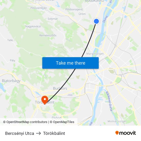Bercsényi Utca to Törökbálint map