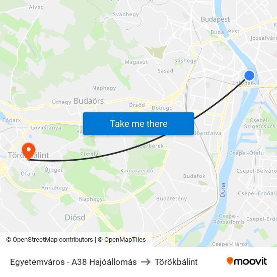 Egyetemváros - A38 Hajóállomás to Törökbálint map