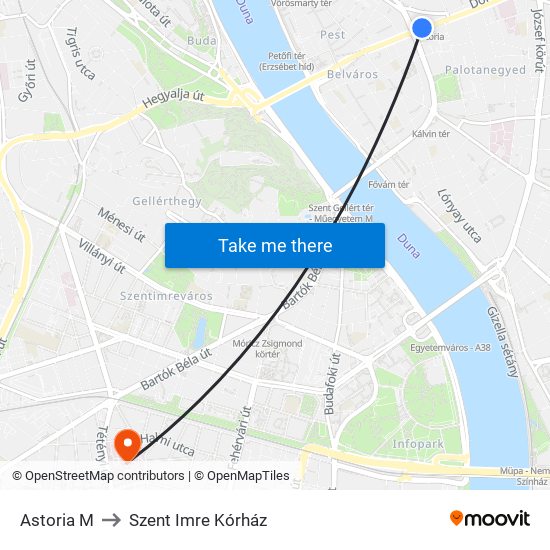 Astoria M to Szent Imre Kórház map
