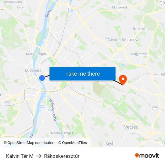 Kálvin Tér M to Rákoskeresztúr map