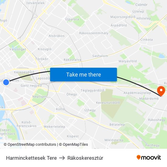 Harminckettesek Tere to Rákoskeresztúr map