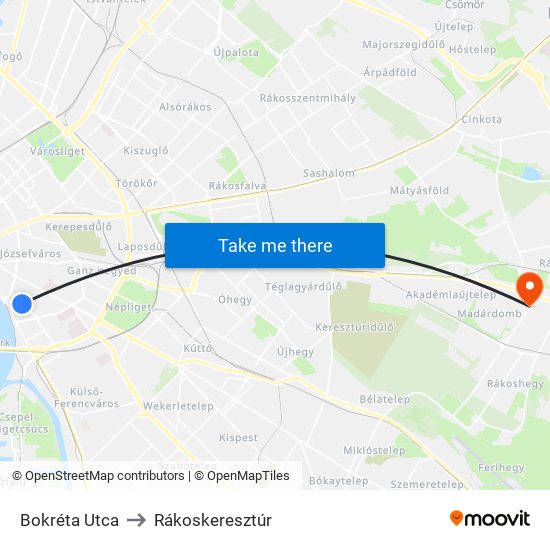 Bokréta Utca to Rákoskeresztúr map