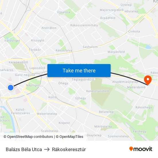 Balázs Béla Utca to Rákoskeresztúr map