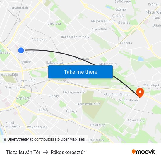 Tisza István Tér to Rákoskeresztúr map