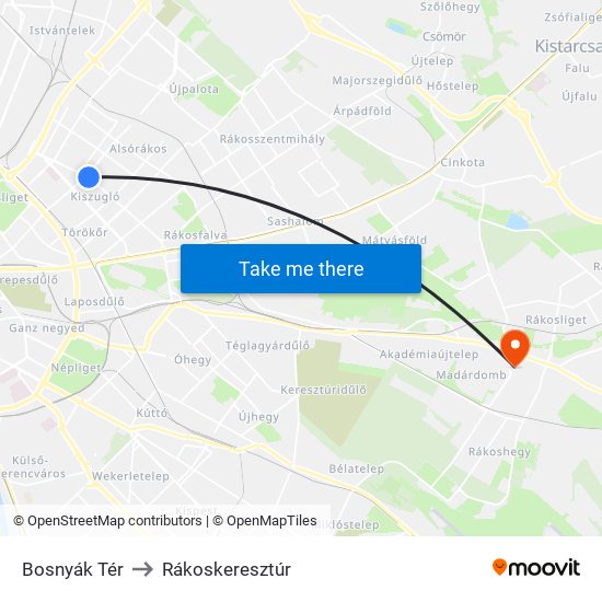 Bosnyák Tér to Rákoskeresztúr map