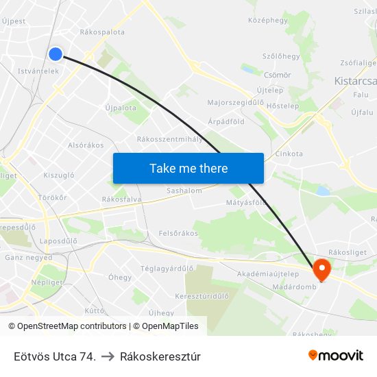 Eötvös Utca 74. to Rákoskeresztúr map