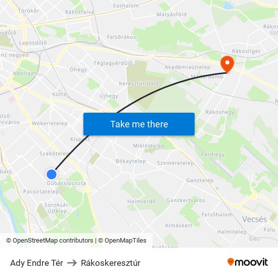 Ady Endre Tér to Rákoskeresztúr map