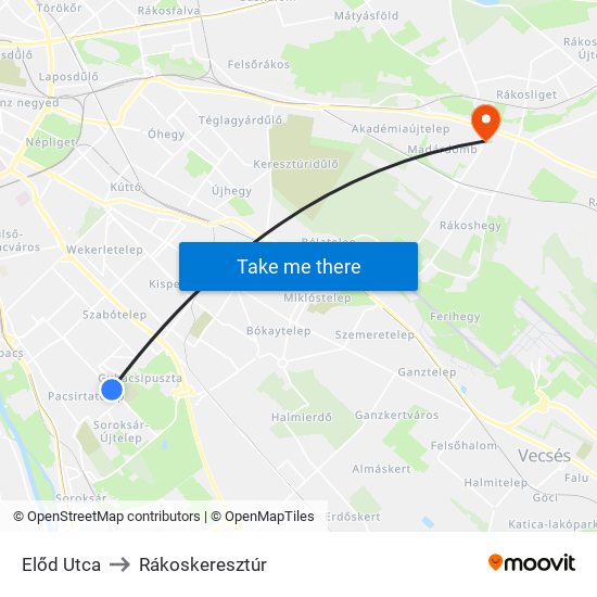 Előd Utca to Rákoskeresztúr map
