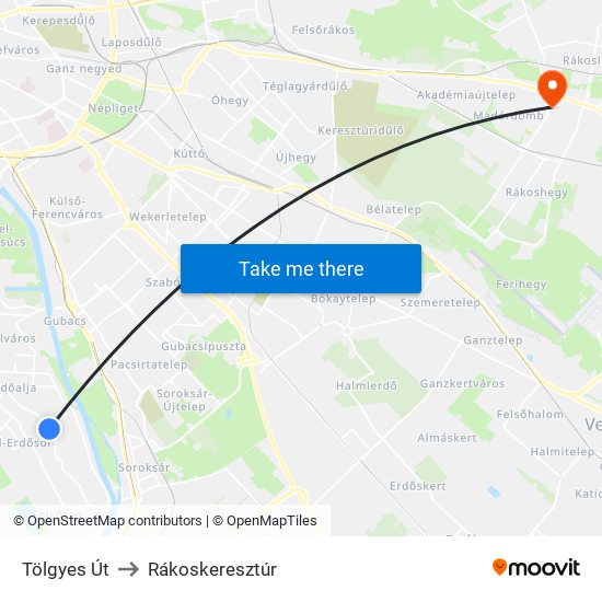 Tölgyes Út to Rákoskeresztúr map