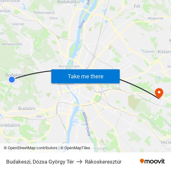 Budakeszi, Dózsa György Tér to Rákoskeresztúr map