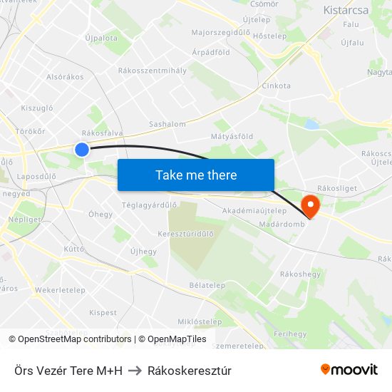 Örs Vezér Tere M+H to Rákoskeresztúr map