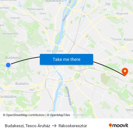 Budakeszi, Tesco Áruház to Rákoskeresztúr map