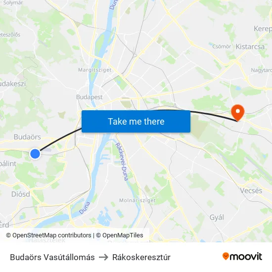Budaörs Vasútállomás to Rákoskeresztúr map