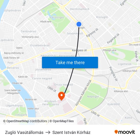 Zugló Vasútállomás to Szent István Kórház map