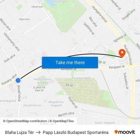 Blaha Lujza Tér to Papp László Budapest Sportaréna map