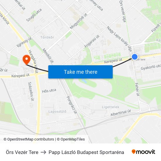 Örs Vezér Tere to Papp László Budapest Sportaréna map