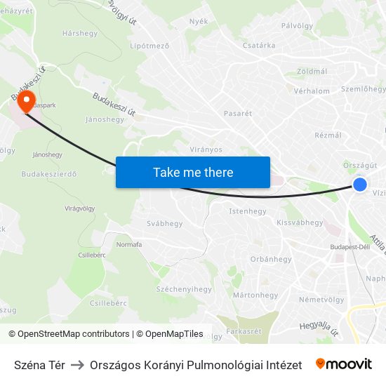 Széna Tér to Országos Korányi Pulmonológiai Intézet map