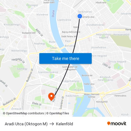 Aradi Utca (Oktogon M) to Kelenföld map