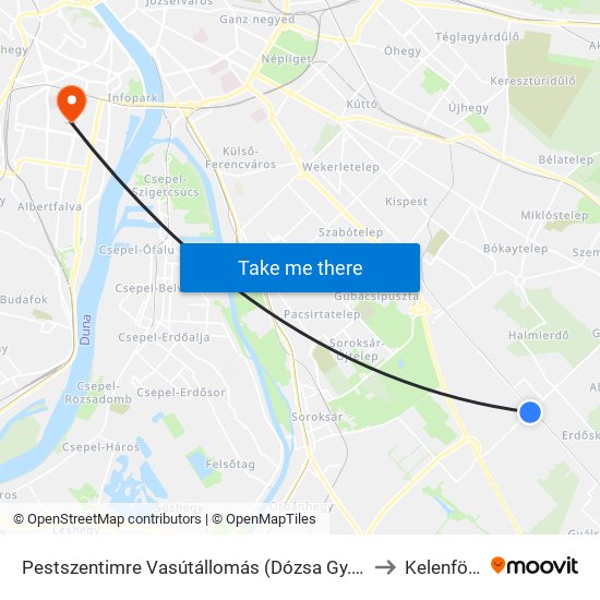 Pestszentimre Vasútállomás (Dózsa Gy.U.) to Kelenföld map