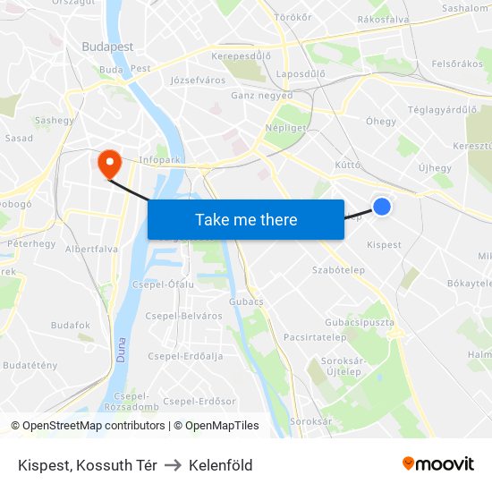 Kispest, Kossuth Tér to Kelenföld map