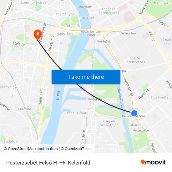 Pesterzsébet Felső H to Kelenföld map