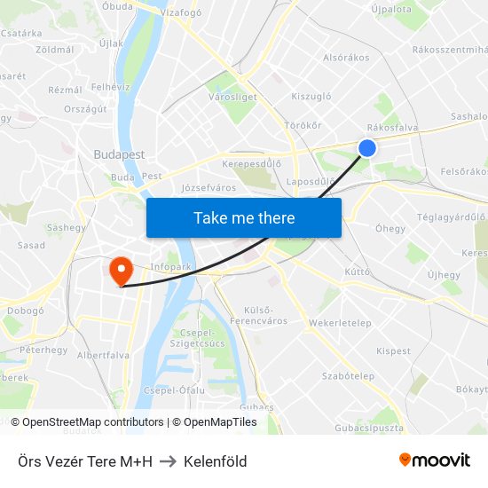 Örs Vezér Tere M+H to Kelenföld map