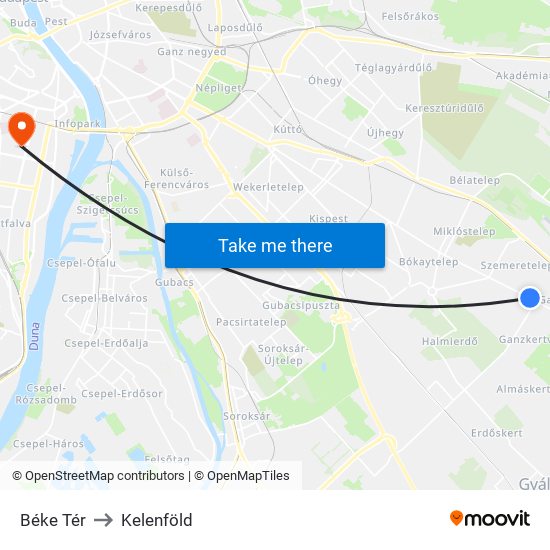 Béke Tér to Kelenföld map