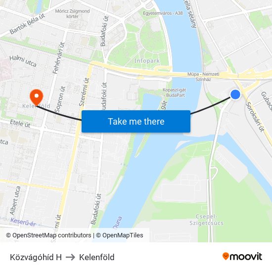 Közvágóhíd H to Kelenföld map