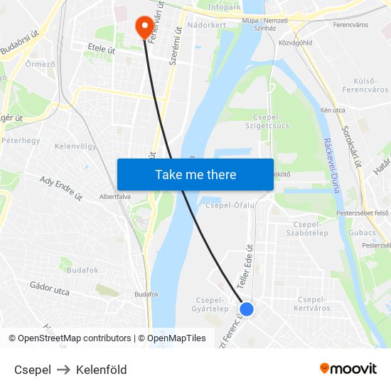 Csepel to Kelenföld map