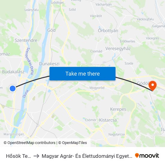 Hősök Tere to Magyar Agrár- És Élettudományi Egyetem map