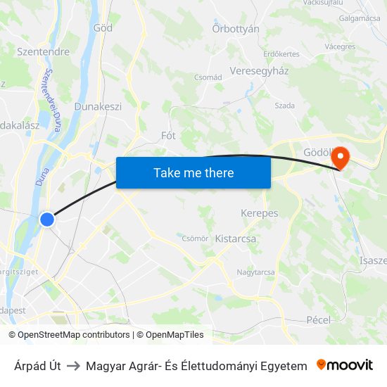 Árpád Út to Magyar Agrár- És Élettudományi Egyetem map