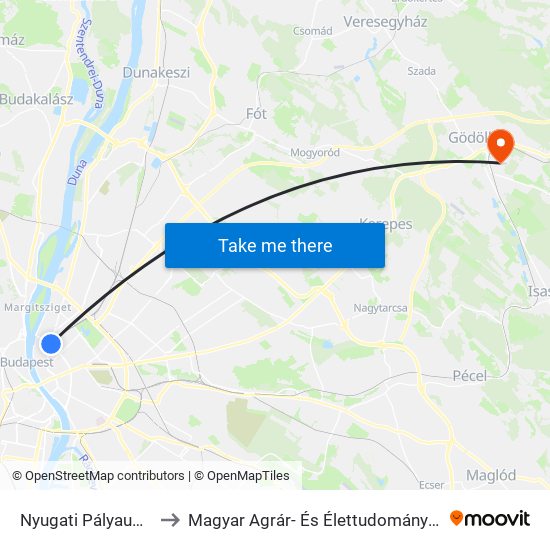 Nyugati Pályaudvar M to Magyar Agrár- És Élettudományi Egyetem map