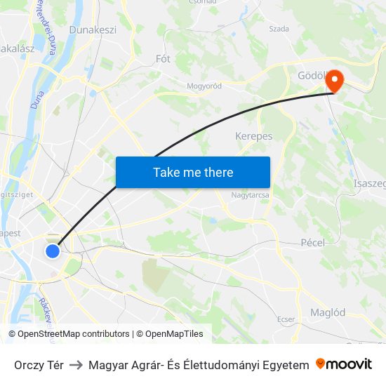 Orczy Tér to Magyar Agrár- És Élettudományi Egyetem map